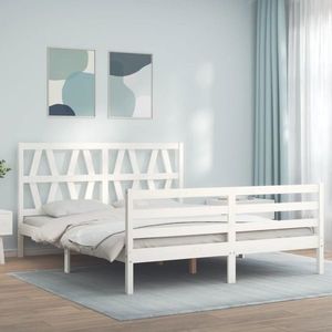 vidaXL Cadru de pat cu tăblie, alb, king size, lemn masiv imagine