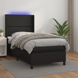 vidaXL Pat cu arcuri, saltea și LED, negru, 100x200cm, piele ecologică imagine