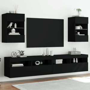 vidaXL Comode TV de perete cu lumini LED, 2 buc., negru, 40x30x60, 5 cm imagine