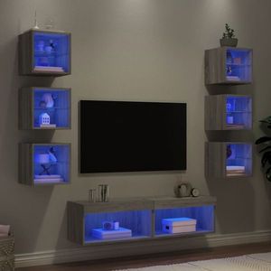 vidaXL Unități de perete TV cu LED-uri, 8 piese, gri sonoma, lemn imagine