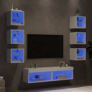 vidaXL Unități de perete TV cu LED-uri, 8 piese, alb, lemn prelucrat imagine