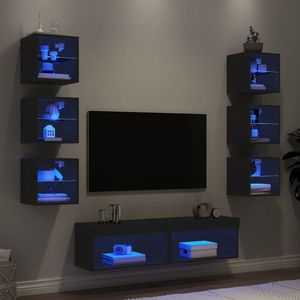 vidaXL Unități de perete TV cu LED-uri, 8 piese, negru, lemn prelucrat imagine