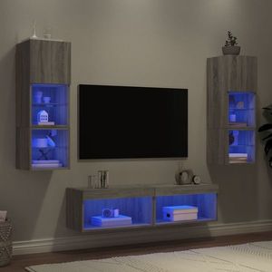 vidaXL Unități de perete TV cu LED-uri, 6 piese, gri sonoma, lemn imagine