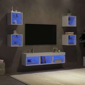 vidaXL Unități de perete TV cu LED-uri, 7 piese, alb, lemn prelucrat imagine