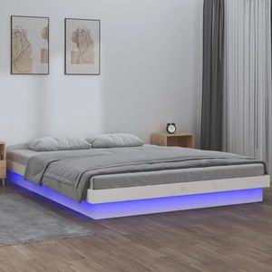 vidaXL Cadru de pat cu LED, alb, 140x190 cm, lemn masiv imagine