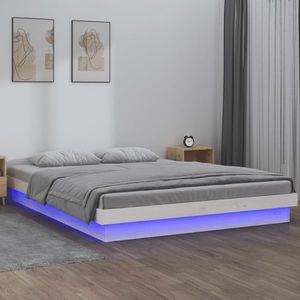 vidaXL Cadru de pat cu LED, dublu, alb, 135x190 cm, lemn masiv imagine