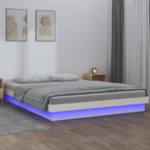 vidaXL Cadru de pat cu LED King Size, alb, 150x200 cm, lemn masiv imagine