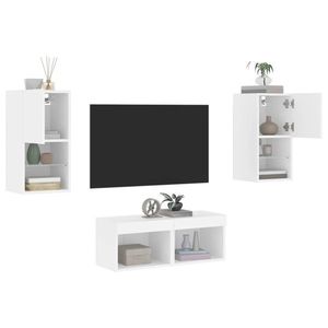 vidaXL Comode TV de perete cu lumini LED, 4 piese, alb imagine