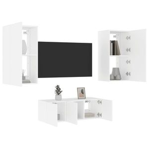 vidaXL Unități de perete TV cu LED-uri, 4 piese, alb, lemn prelucrat imagine