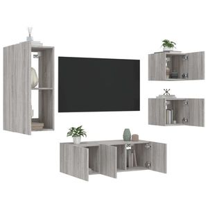 vidaXL Unități de perete TV cu LED-uri, 5 piese, gri sonoma, lemn imagine