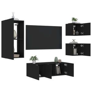 vidaXL Unități de perete TV cu LED-uri, 5 piese, negru, lemn prelucrat imagine