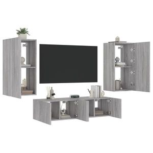 vidaXL Unități de perete TV cu LED-uri, 4 piese, gri sonoma, lemn imagine