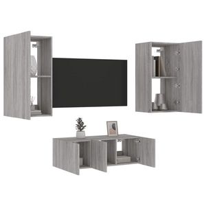 vidaXL Unități de perete TV cu LED-uri, 4 piese, gri sonoma, lemn imagine