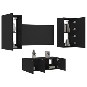 vidaXL Unități de perete TV cu LED-uri, 4 piese, negru, lemn prelucrat imagine