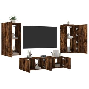 vidaXL Unități de perete TV cu LED-uri, 4 piese, stejar fumuriu, lemn imagine