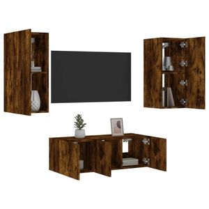 vidaXL Unități de perete TV cu LED-uri, 4 piese, stejar fumuriu, lemn imagine