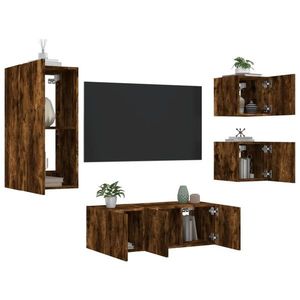 vidaXL Unități de perete TV cu LED-uri, 5 piese, stejar fumuriu, lemn imagine