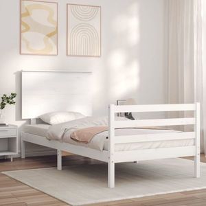 vidaXL Cadru de pat cu tăblie, alb, 100x200 cm, lemn masiv imagine