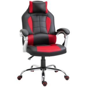 HOMCOM Scaun gaming ergonomic, scaun pentru jocuri si birou cu inclinare, suport lombar si tetiera, scaun gaming din piele ecologica, rosu si negru imagine