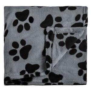 Patura pufoasa din fleece cu imprimeu labute, pentru caini si pisici, negru/ gri 100 x 140 cm imagine