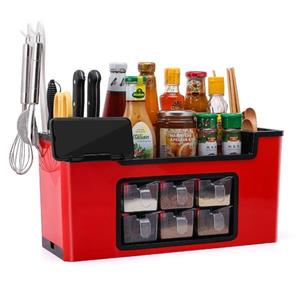 Organizator Multifunctional pentru Bucatarie Teno®, 6 Compartimente, raft condimente, suport detasabil telefon, rosu imagine