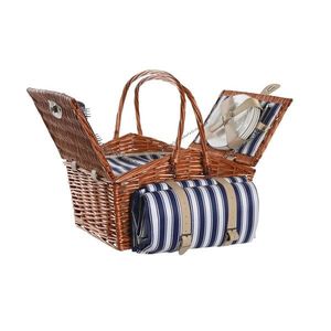 Cos de picnic pentru 4 persoane, DKD Home Decor, 42 x 30 x 20 cm, rachita, maro/bleumarin imagine