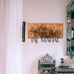Decoratiune de perete, Taj Mahal, lemn/metal, 58 x 33 cm, negru/maro imagine