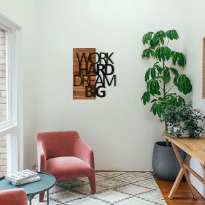 Decoratiune de perete, Work Hard Dream Big, lemn/metal, 48 x 58 cm, negru/maro imagine