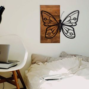 Decoratiune de perete, Butterfly3 Metal Decor, lemn/metal, 59 x 58 cm, negru/maro imagine