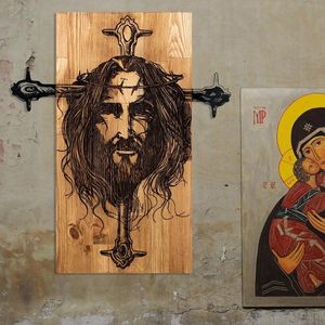 Decoratiune de perete, Jesus, lemn/metal, 48 x 57.5 cm, negru/maro imagine