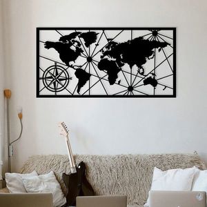 Decoratiune de perete, World Map Large Metal Wall Decor, metal, 120 x 60 cm, negru imagine