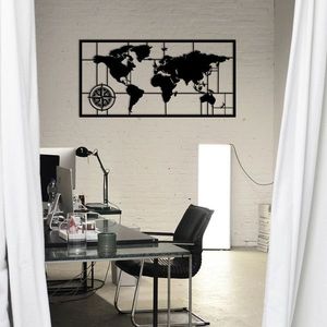Decoratiune de perete, World Map Metal Decor 7, metal, 121 x 60 cm, negru imagine