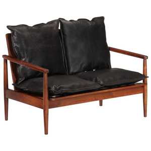 vidaXL Canapea cu 2 locuri, negru, piele naturală & lemn masiv acacia imagine
