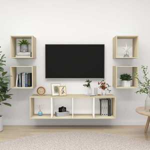 vidaXL Set de dulapuri TV, 5 piese, alb/stejar sonoma, lemn prelucrat imagine