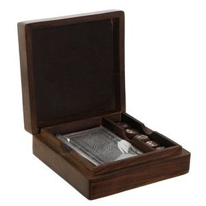 Carti de joc si zaruri in cutie din lemn maro 12x12 cm imagine