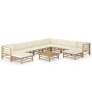 vidaXL Set mobilier de grădină, cu perne alb crem, 11 piese, bambus imagine