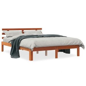 vidaXL Cadru de pat cu tăblie, maro ceruit, 135x190 cm, lemn masiv pin imagine