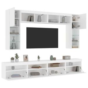 vidaXL Set comode TV de perete, 8 piese, cu lumini LED, alb imagine