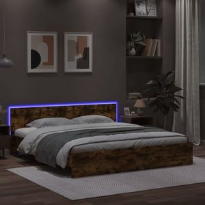 vidaXL Cadru de pat cu tăblie și LED, stejar fumuriu, 180x200 cm imagine