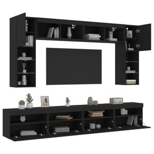 vidaXL Set comode TV de perete, 8 piese, cu lumini LED, negru imagine
