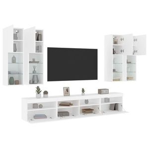 vidaXL Set comode TV de perete, 7 piese, cu lumini LED, alb imagine