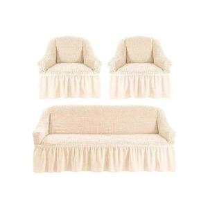 Set huse pentru canapea de 3 locuri si 2 fotolii din bumbac elasticizat si creponat 3-1-1 natural (bej deschis) imagine