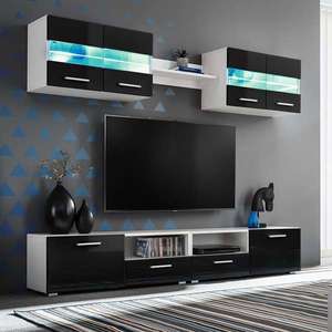 vidaXL Mobilier sufragerie, spațiu TV 5 piese, lumini LED Negru lucios imagine