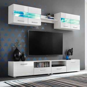 vidaXL Set comodă TV de perete, 5 piese, lumini LED, alb lucios imagine