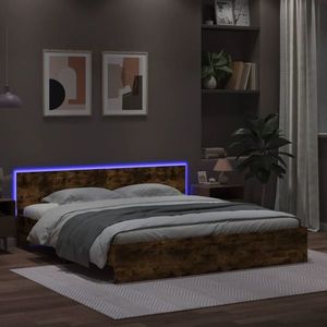vidaXL Cadru de pat cu tăblie și LED, stejar fumuriu, 200x200 cm imagine
