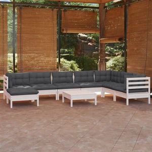 vidaXL Set mobilier de grădină cu perne, 9 piese, alb, lemn de pin imagine