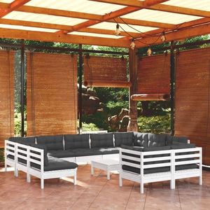 vidaXL Set mobilier grădină cu perne, 12 piese, alb, lemn masiv pin imagine