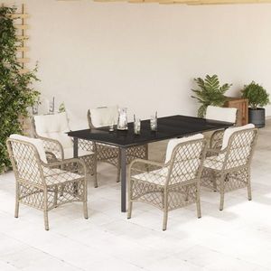 vidaXL Set de masă pentru grădină, 7 piese, cu perne, bej, poliratan imagine
