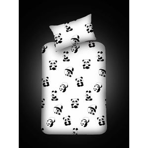 Set cearceaf si fata de perna, EnLora Home, Panda, 100x200 cm, amestec bumbac, alb/negru imagine