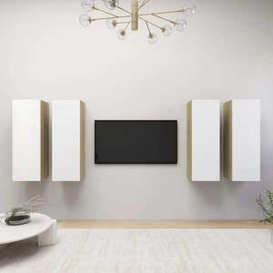 vidaXL Dulap TV 4 buc alb/stejar Sonoma 30, 5x30x90 cm, lemn prelucrat imagine